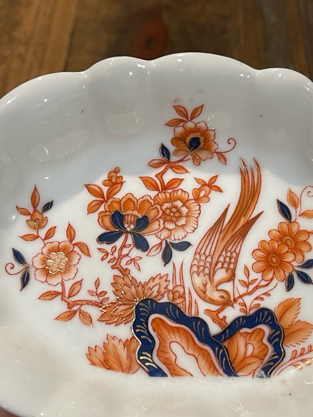 Neiman Marcus White Porcelain Soap Dish with Orange and Navy Bird Floral Motif